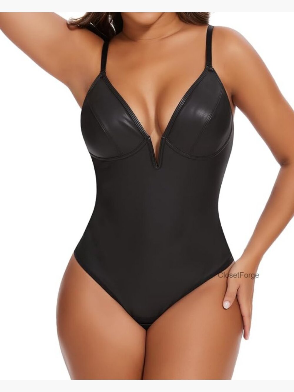 Deep V Neck Faux Leather Corset Bodysuit Shapewear Tummy Control